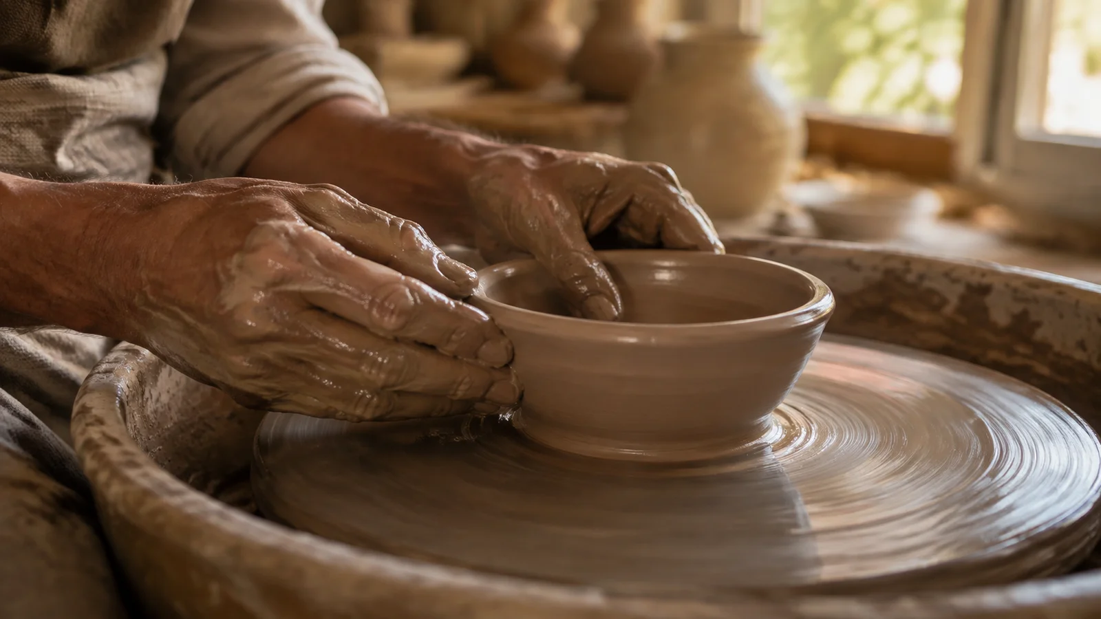 Manos de un artesano dando forma al barro en un torno